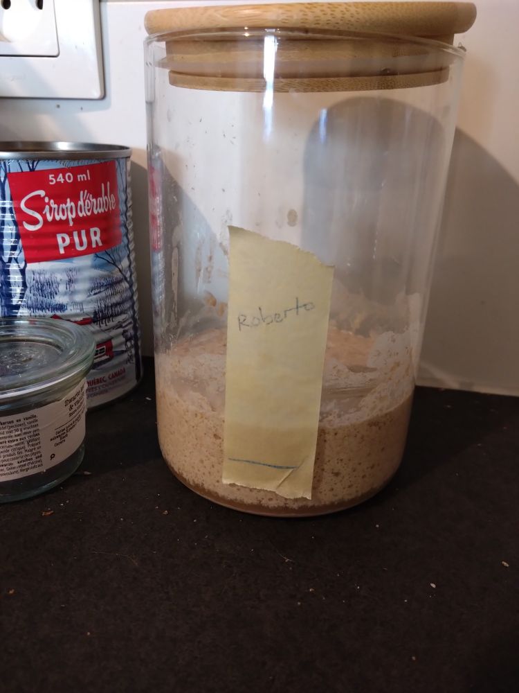 Foto do starter de pão de fermentação natural num pote de vidro