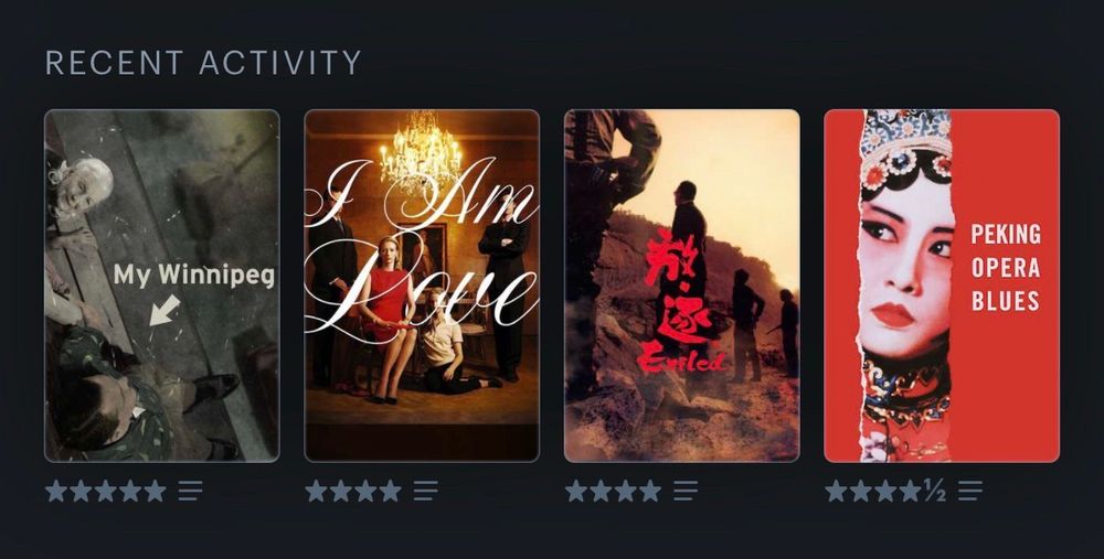 Four movie posters: My Winnipeg, I Am Love, Exiled, and Peking Opera Blues.