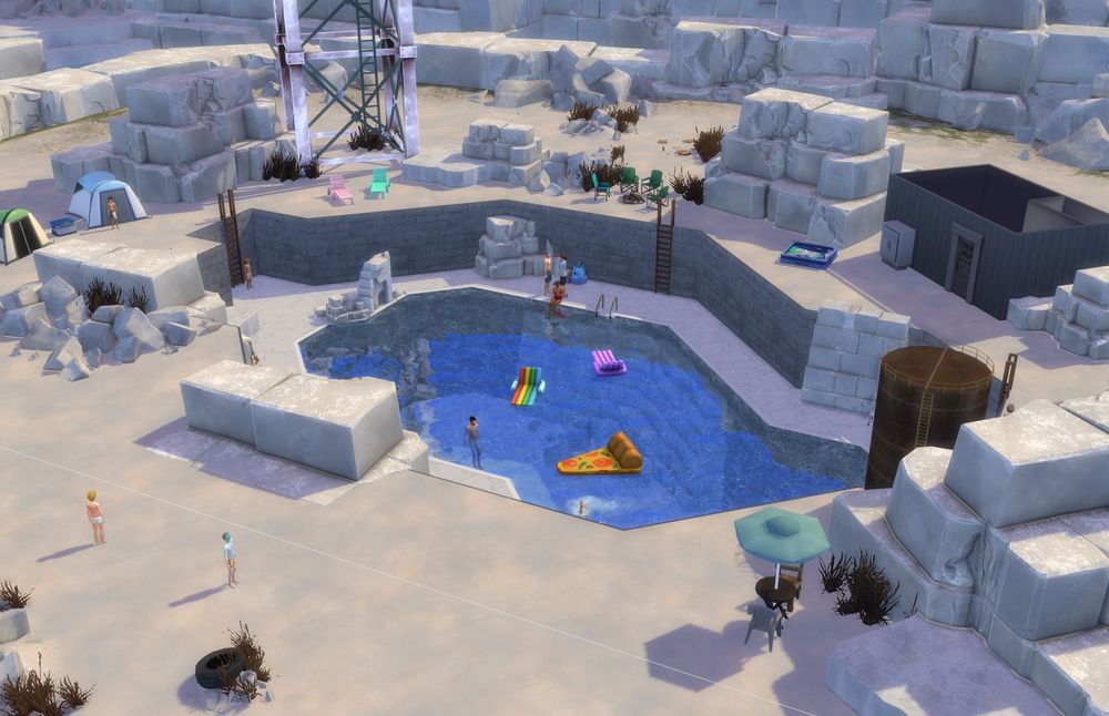 A Sims 4 screenshot showing an abandoned quarry that has been turned into an unofficial local "pool."