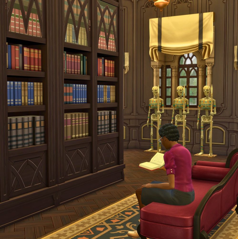 Screenshot of a librarian reading a book in an academic library created in the Sims 4.  In the background stand a row of stone skeletons, perhaps on guard.
