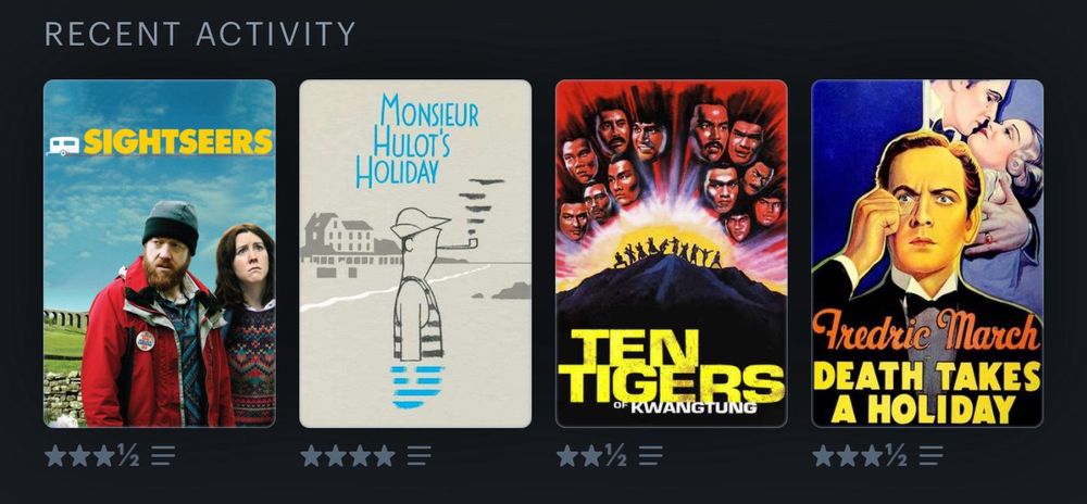 Four movie posters:  The Sightseers, Monsieur Hulot’s Holiday, Ten Tigers of Kwangtung, and Death Takes a Holiday.