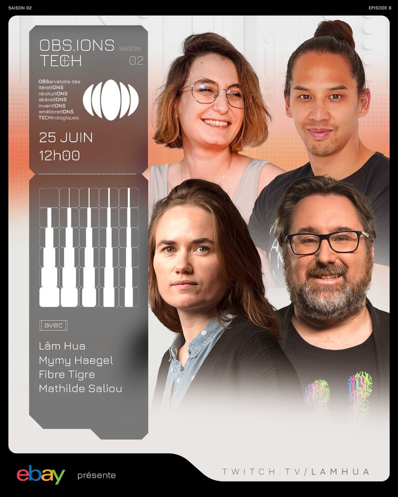 Mercredi, nous serons en compagnie de @mymyhgl, @FibreTigre et @mathildsl pour la dernière émission de la saison ! Gaming, Environnement et Économie des Créateur.ices de Contenu... On a hâte !

12h00, http://twitch.tv/lamhua
Publicité - Merci @eBay_FR de soutenir notre émission !