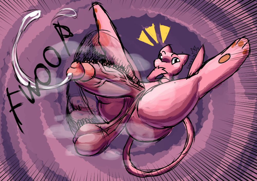 Mew spreads their legs apart and lets their massive, rank, smelly, musky dong flop out with their huge saggy balls, bringing musk clouds with them as a long string of pre flings down with it too. Their expression has now changed to a smug looking one.