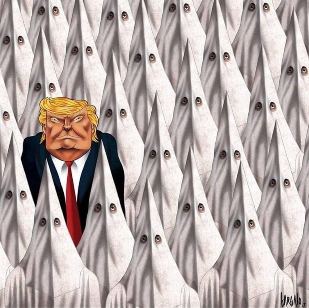 tRump in a white weave of hats. 