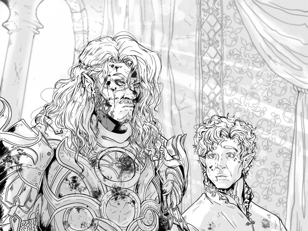 Astarion and Durge (custom) after a fight. They are both covered in blood and lit dimly from a nearby window. Astarion is looking at his partner with an awestruck expression. This image depicts the moment he fell in love ❤️ 