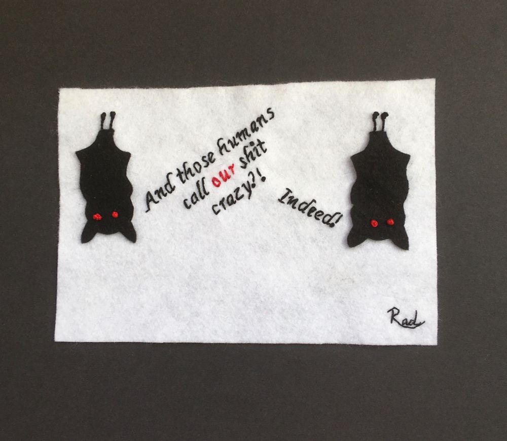 Two felt & embroidered bats having a chat. One says “And those humans call our shit crazy!” The other one says “Indeed!”