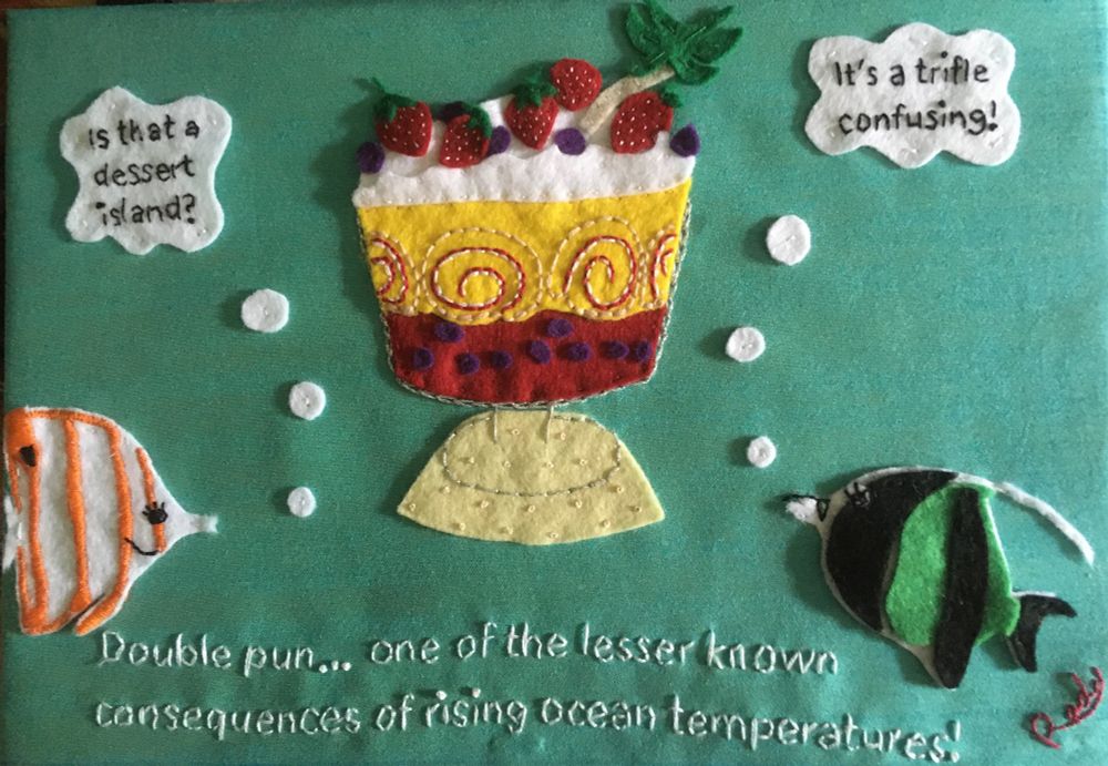 An embroidered cartoon for the desert island exhibition. 