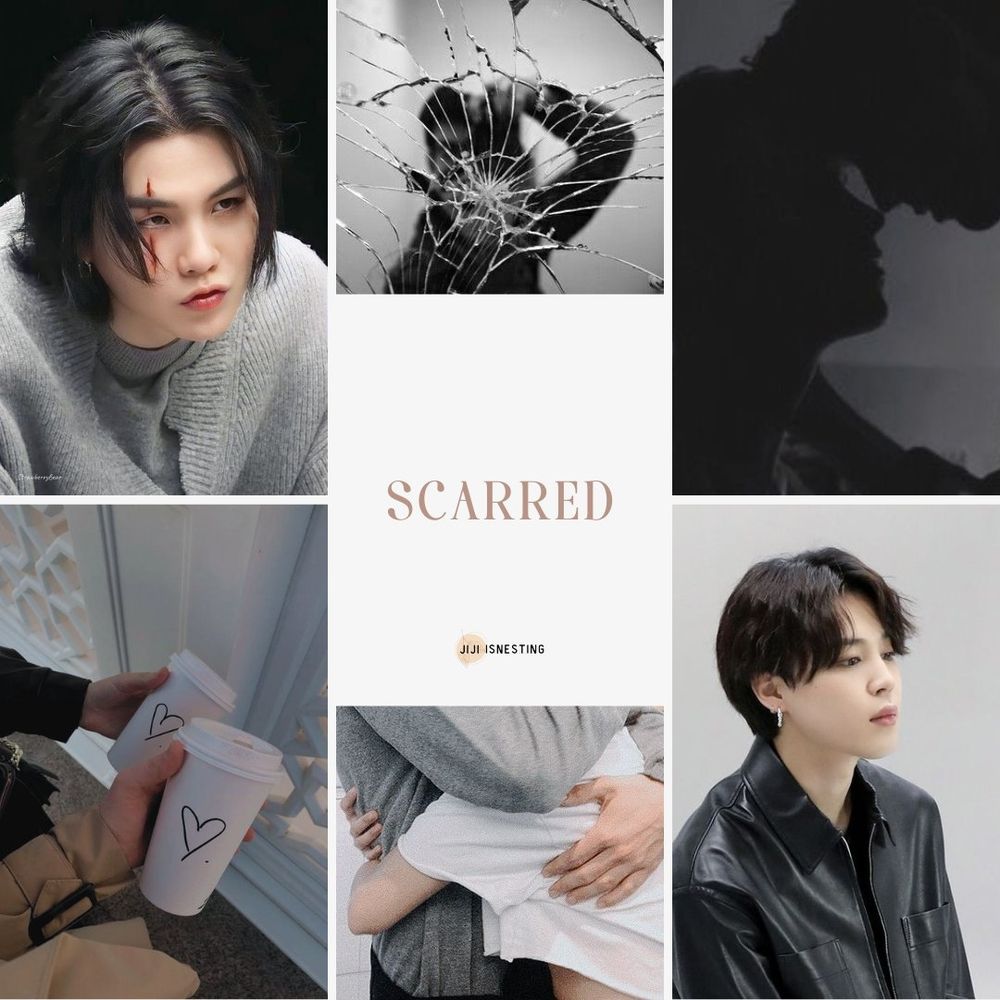 Scarred moodboard by jiji_isnesting 
There's 6 pictures. The whole moodboard has grey and beige tones.

At the top left is Yoongi pouting with his signature AgustD scar, he's wearing a grey hoodie.

At the top center is a picture of a broken mirror with a dark silhouette in it.

At the top right is the dark silhouette of two men about to kiss

At the bottom left, the picture shows the hand of two persons holding blank coffee cups with a heart drawn on it

At the bottom center, it's a close up picture of two people hugging. One is wearing a grey long sleeve shirt and the other is wearing a white shirt.

At the bottom right there's a picture of Jimin during his face era. It's his profile. He's wearing a black leather jacket.

In the middle of the moodboard there's the title "Scarred" written in beige.