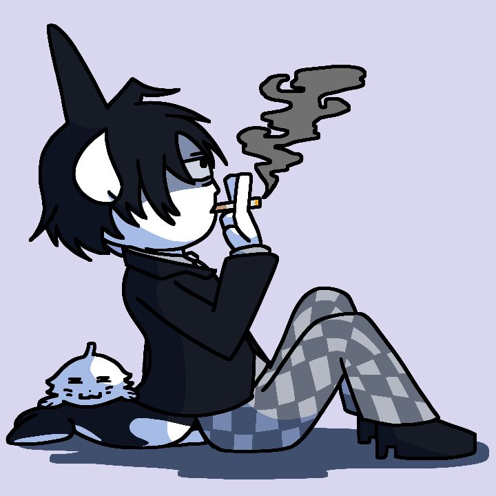 Ozwald by Sougi, a miserable orca man wearing a suit and checkered pants. His tiny seal daughter Manzoni is laying on his tail while he smokes a cigarette.