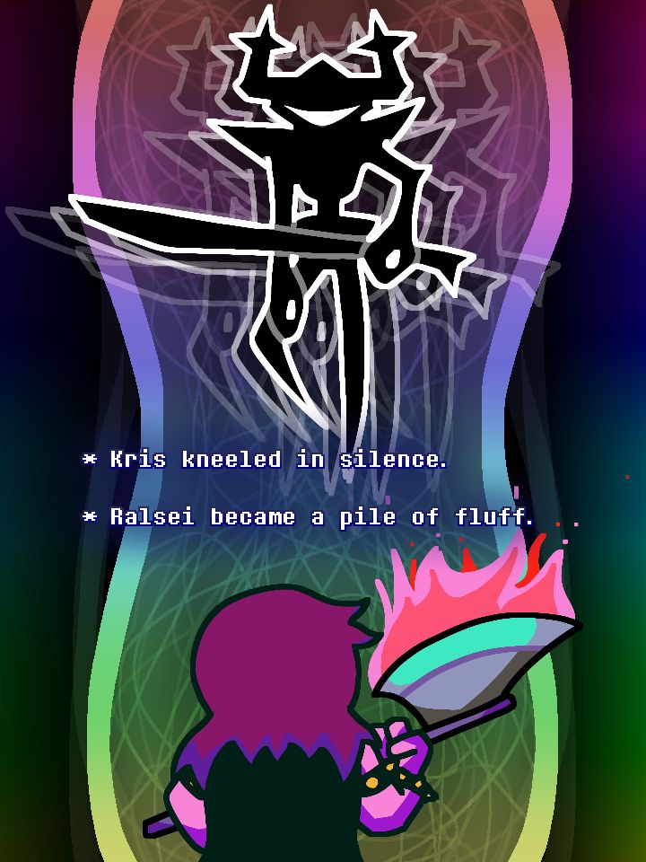 from top to bottom: the Roaring Knight, floating sternly, blade in hand, and Susie, holding her axe in preparation for an attack, pink flames coming off of it. The Dark Fountain lies in the background, shifting in color.