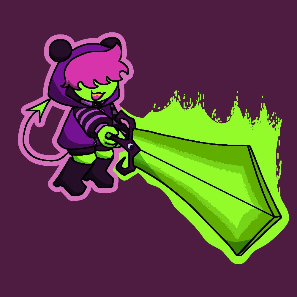 Chorus by prismo_swag, a green skinned person with pink hair wearing a purple hoodie. They have a little devil tail and a massive green sword twice their size.