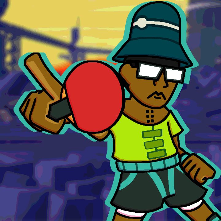 Dice from Lethal League Blaze holding his trusty ping pong paddle while pointing, as if to request a challenge. The background is a blurred version of the Outskirts stage from the aforementioned game.