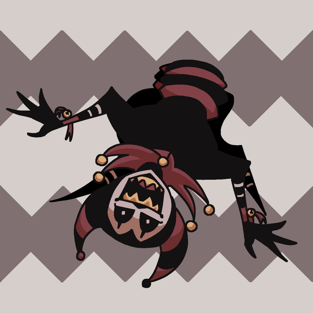 Jangle by PossessedPuppet, a jester-like puppet creature that can extend their torso like an accordian, like they're doing in the image. They're facing the camera upside down with a scary expression. They have typical jester headwear, and they have ribbons on their wrists with little bells attached.
