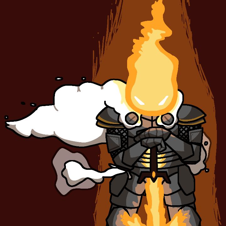 Grim by TheGrimCreeper, a living flame person in chainlink armor wielding a blade also made out of flame. He has vents shooting out steam on certain places on his armor, and he also wears a cape made out of steam.