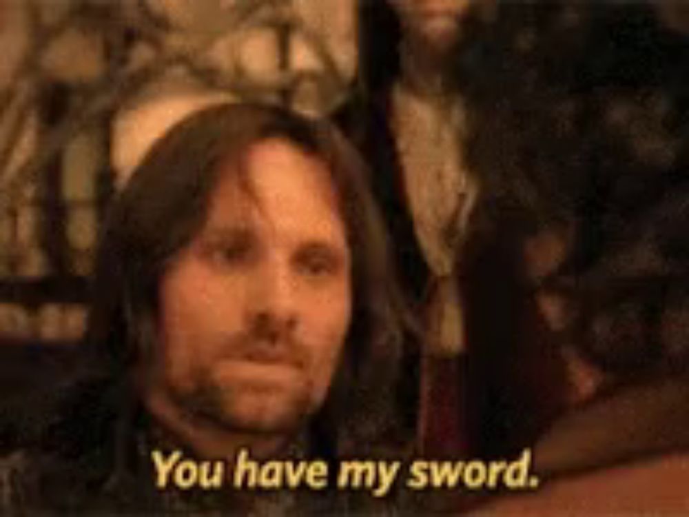 a man says " you have my sword " in front of a blurred background