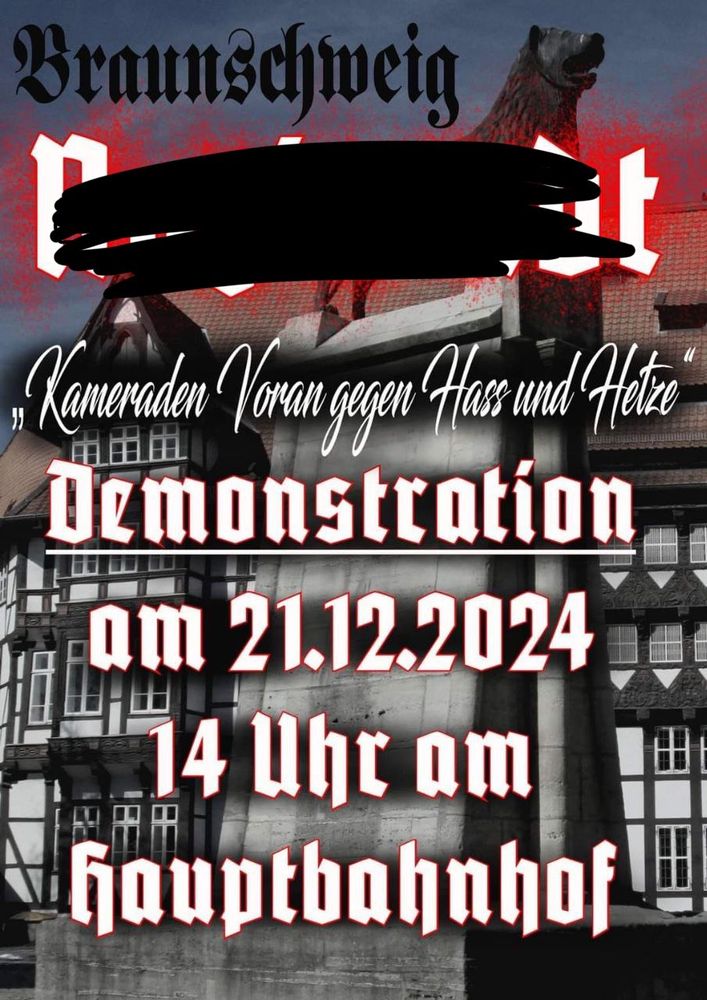 Das Bild zeigt den Aufruf zur Demo von den Faschos, mit dem Titel „Braunschweig N***stadt“.