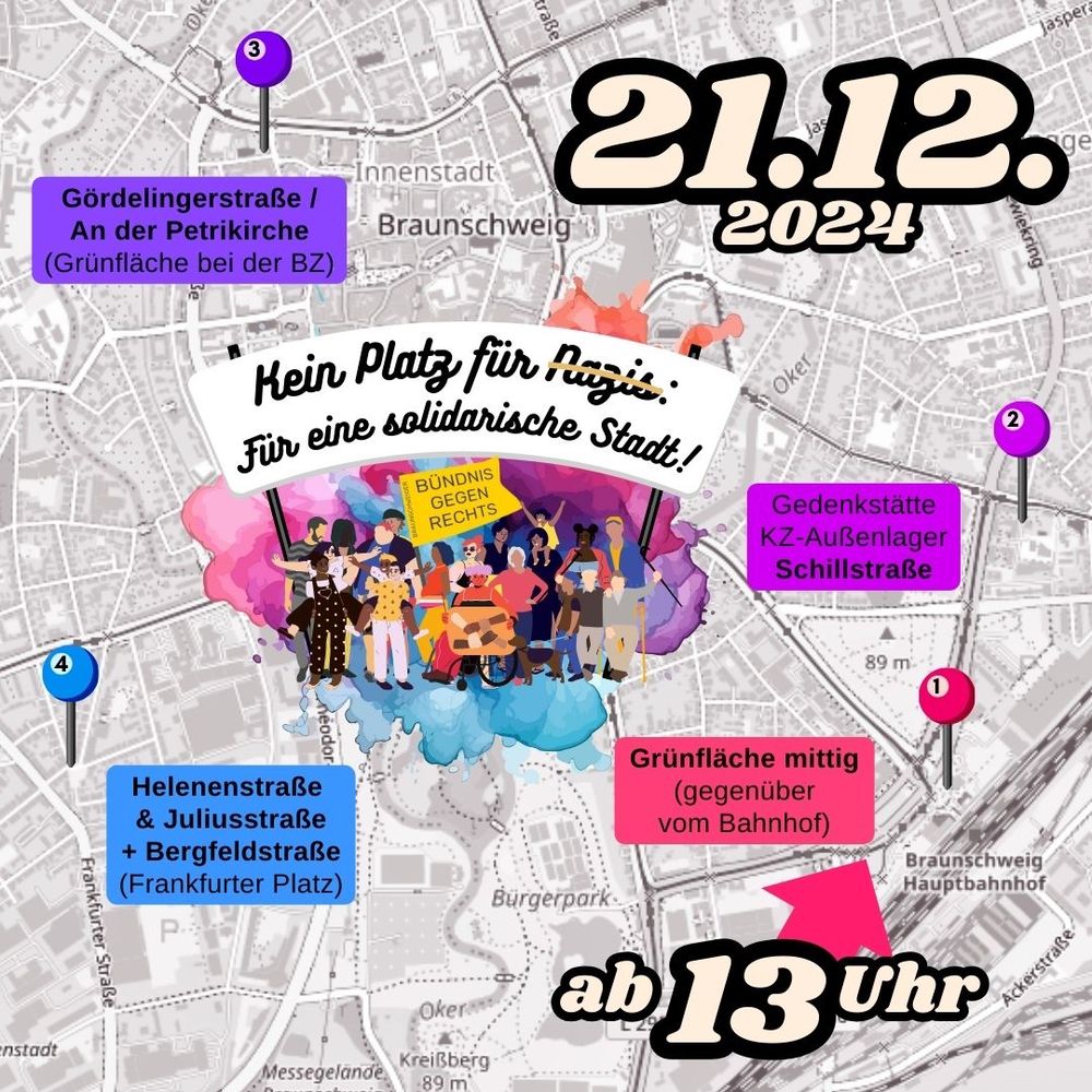 Aufruf des Bündnisses gegen Rechts Braunschweig mit den verschiedenen Kundgebungsorten.