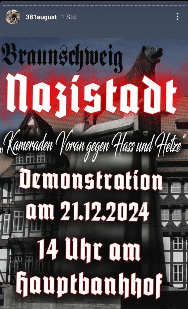 Die Abbildung zeigt den Instagram Post der Faschos mit der Aufschrift: 
Braunschweig Nazistadt
Kamerateam voran gegen Hass und Hetze 
Demonstration am 21.12.2024
14 Uhr am Hauptbahnhof