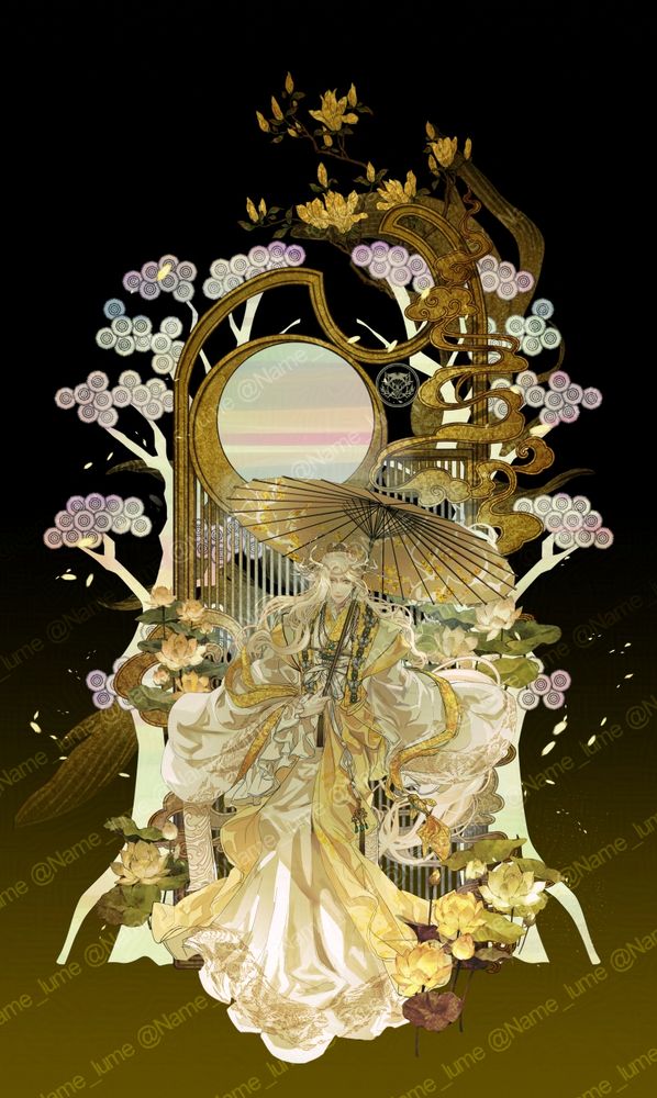 화려한 백금발의 캐릭터 전신 일러스트입니다. 
옷은 황색과 흰색, 금색과 약간의 연두색이며, 캐릭터는 앉은 채 한 손에 금색 지우산을 들고 있습니다. 지우산에는 백묵의 나뭇가지 그림과 금이 장식되어 있습니다.

신라~고려 사이의 의상을 베이스로 하고, 여러 문화권의 장식이나 자수를 추가로 배치했습니다. 
뒤에는 소나무 자개 장식, 황금색 연꽃 등이 배치되어 있습니다. 