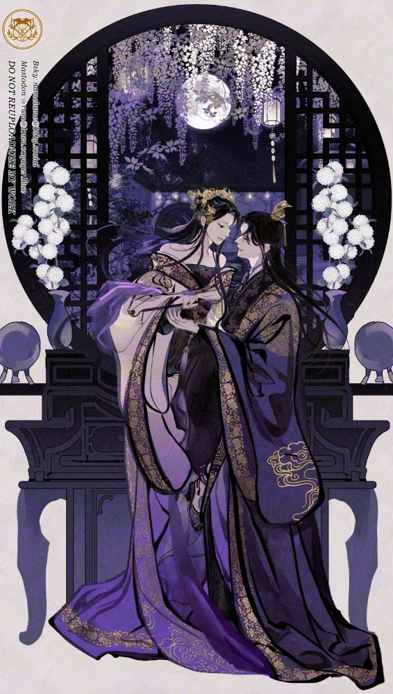 첫 사진은 두번째 사진의 크롭 얼굴 부분 버전

보름달이 뜬 밤 배경의, 창문 너머 중국식 정원의 일부가 보이는 구도의 보라색조 그림
창문 너머에는 등나무꽃이, 장식장 위에는 불두화가 피어 있다.
긴 옷을 입은 커플이 마주보고 있고, 이 중 하나는 장식장에 걸터앉아 있는 채 다른 인물을 내려다보고 있다. 걸터앉은 인물은 서 있는 인물의 담뱃대를 들고 있다.