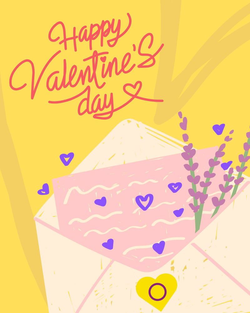 Text in red with love heart reads: Happy Valentine's Day
Image is of an open envelope with a yellow and purple intersex flag themed love heart seal and a pink letter and sprigs of lavender coming out of the envelope. There are a number of small purple hearts as well.
