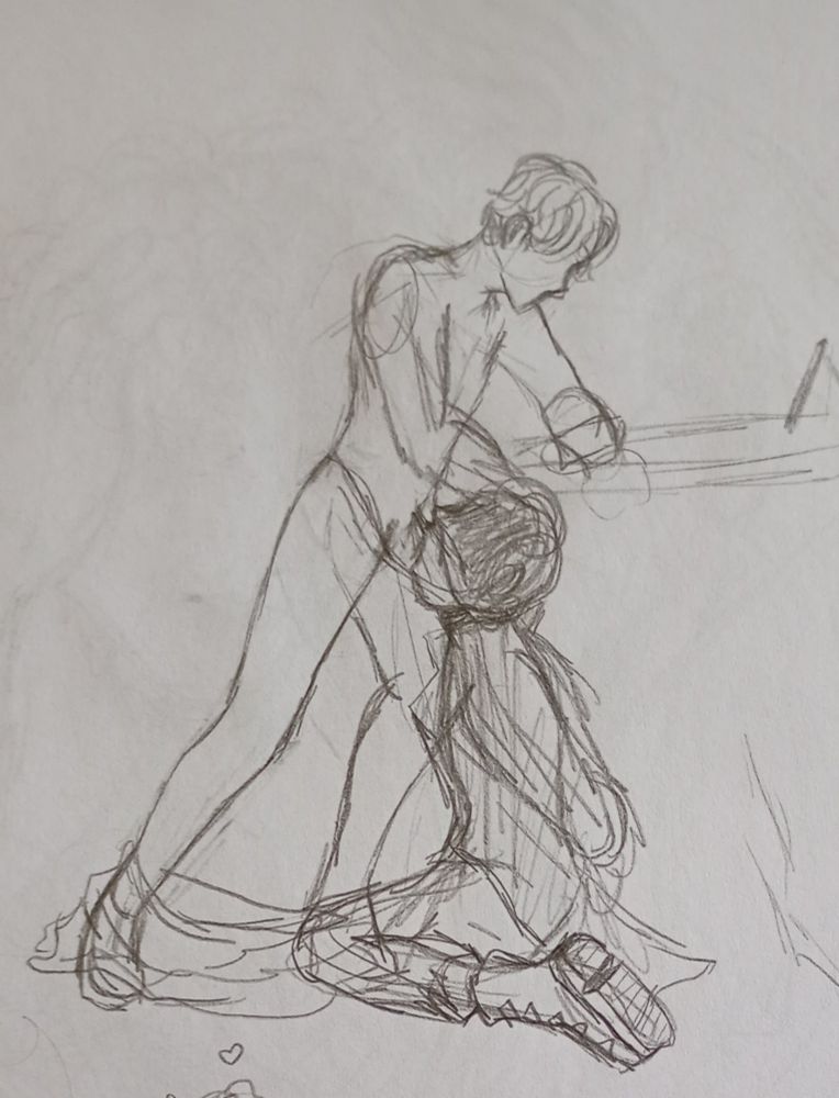 Sketch on paper of a masked guy with his hands behind his back. He's wearing a dark clothes and it's giving a blowjob to another guy who's leaning on a desk.