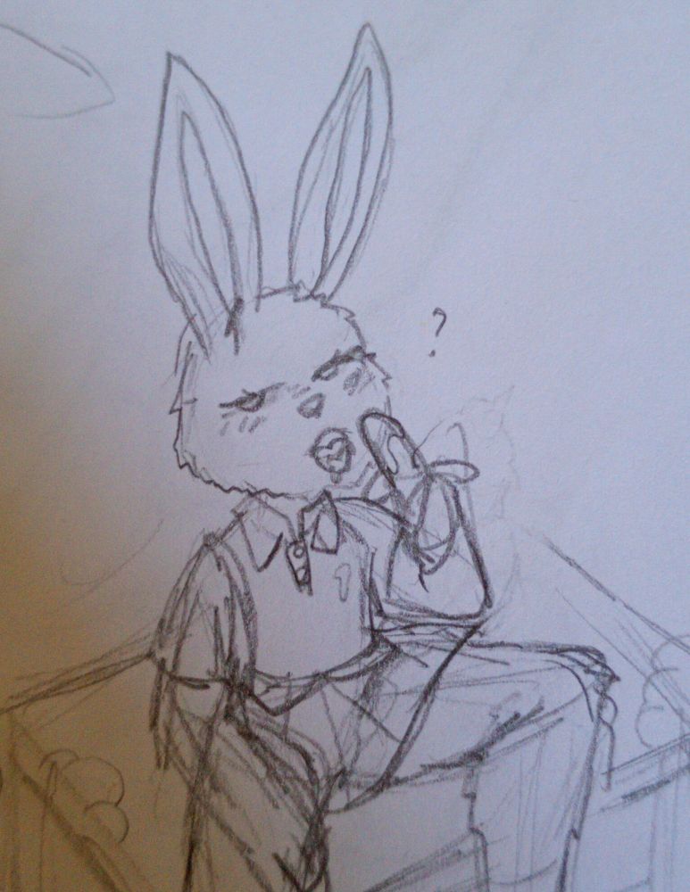 Anthro bunny sitting on a table while eating a banana with some type of cream on it in a very suggestive way. There are two hands on the table giving the idea that the bunny isn't alone. There's a question mark above the bunny's head as it looks at the direction where one of the hands is coming from, as if its questioning what their deal is. She is wearing a skirt and a shirt, the shirt is stained with a bit of cream.