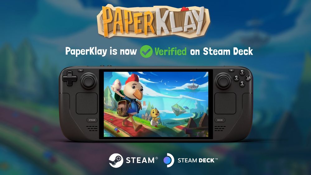 Image of a Steam Deck with PaperKlay artwork and a text saying that PaperKlay is Verified on Steam Deck.