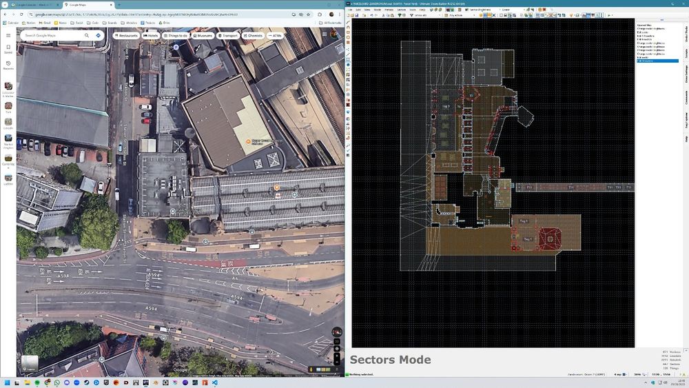 A screenshot of two Windows next to each other. On the left, a satellite view of Leicester rail station in the UK. On the right, a work-in-progress of the Parcel Yard pub in Doom in a map editor.