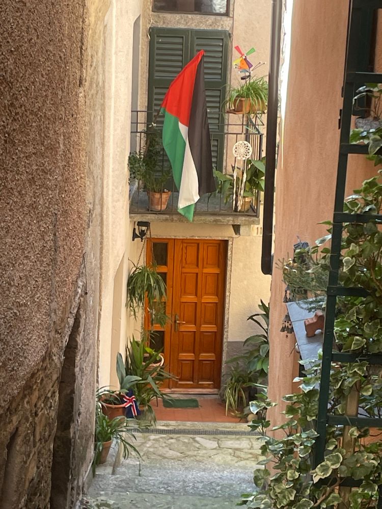 A Palestine flag hangs above a quant Italian doorway in front of green shutters