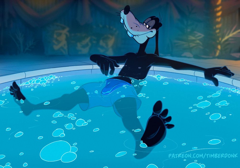 Same image as above, but SFW. He is now wearing baggy swim trunks 