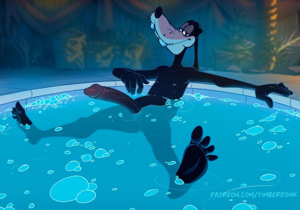 Goofy in the hot tub at the Neptune Inn! His eyes are half lidded and he is giving you the goofiest sultry look he can muster.
He’s erect and very happy to see you! 