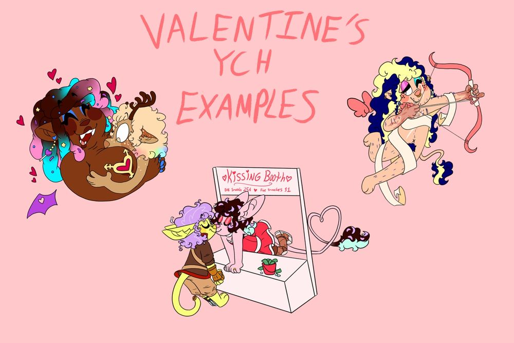 A duplicate of the previous image, but the text has been changed to "VALENTINE'S YCH EXAMPLES", and the blank YCH characters have been replaced by other OCs of the artist.