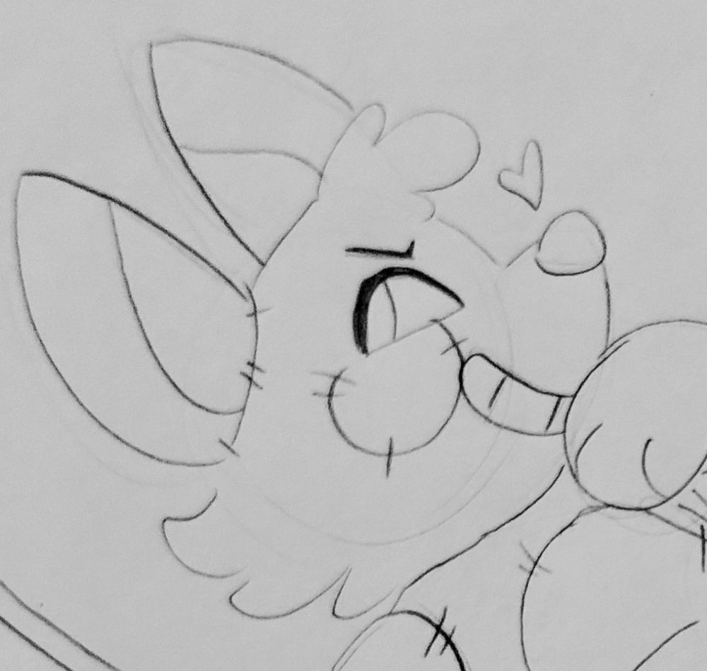 A cropped pencil drawing of a wolf plushie. It is smiling mischievously and holding back a laugh. The image is cropped so you can only see it from the shoulders up. The full image is available in the Patreon linked above.