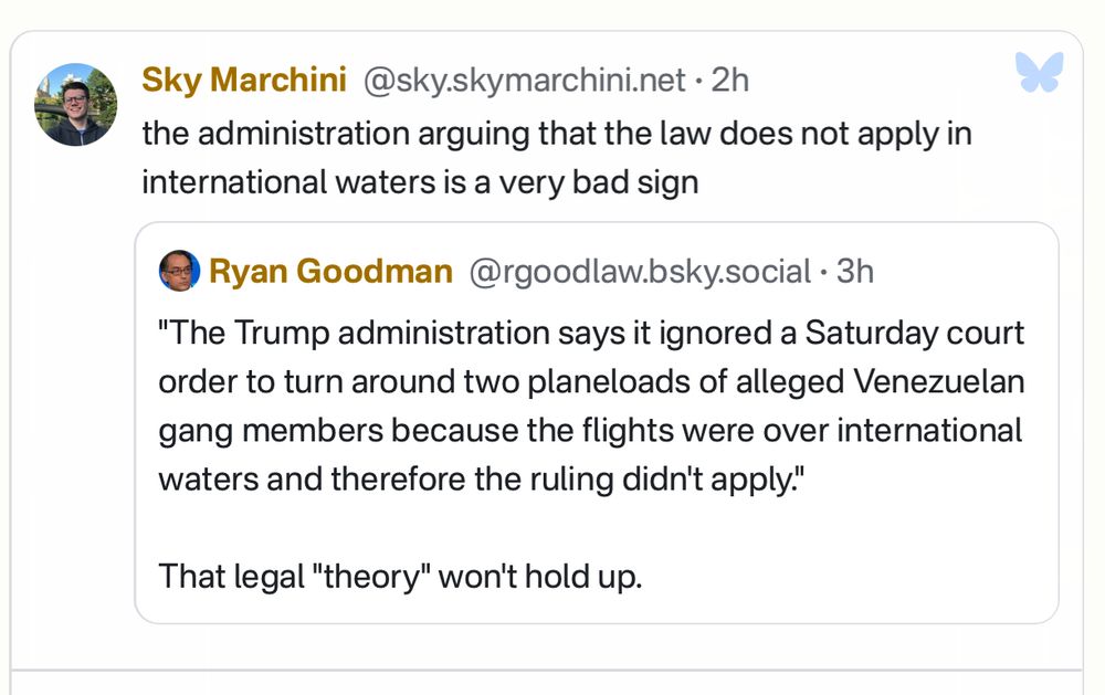 Brendan Nyhan: "What else are they going to say is legal once they get out  into international waters?" — Bluesky