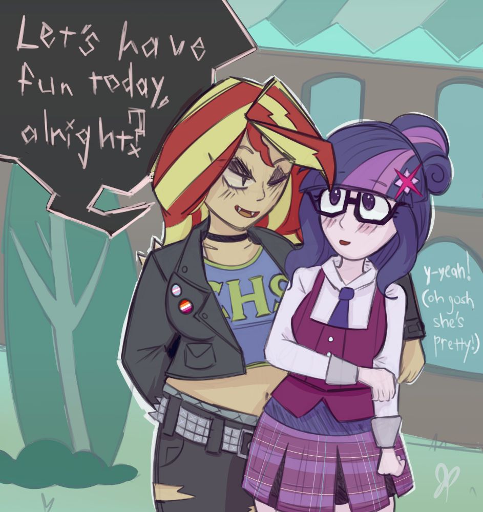 Sunset in a CHS crop and leather jacket with a trans and wlw pride pin, hanging on Twi who is in her Crystal Prep uniform. Sunset says "Let's have fun today, alright?" and Twi says "y-yeah! (oh gosh she's pretty!)"