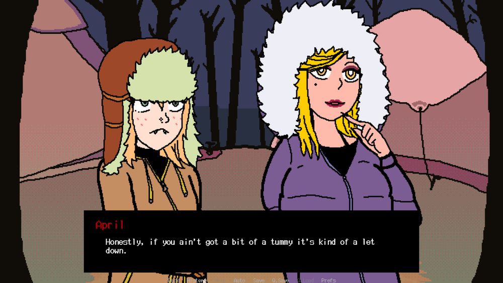 Screenshot from the game Courting Death: during one of the camp sections by the campfire, April says "Honestly, if you ain't got a bit of a tummy it's kind of a let down."