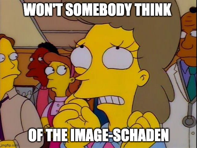 "Won't somebody think of the [Image-Schaden]" Meme