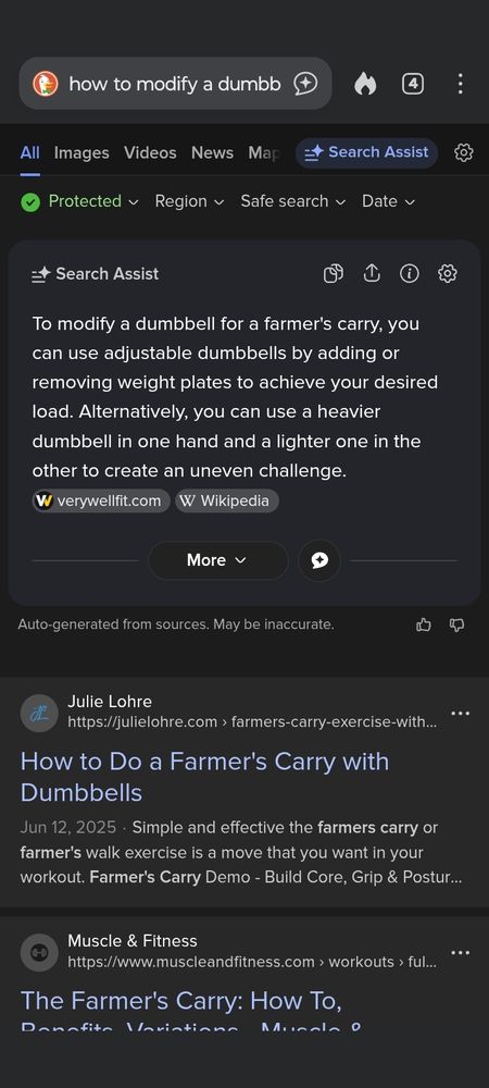 Duck Duck Go search for how to modify a dumbell for a farmer's carry. It has no idea what I mean.