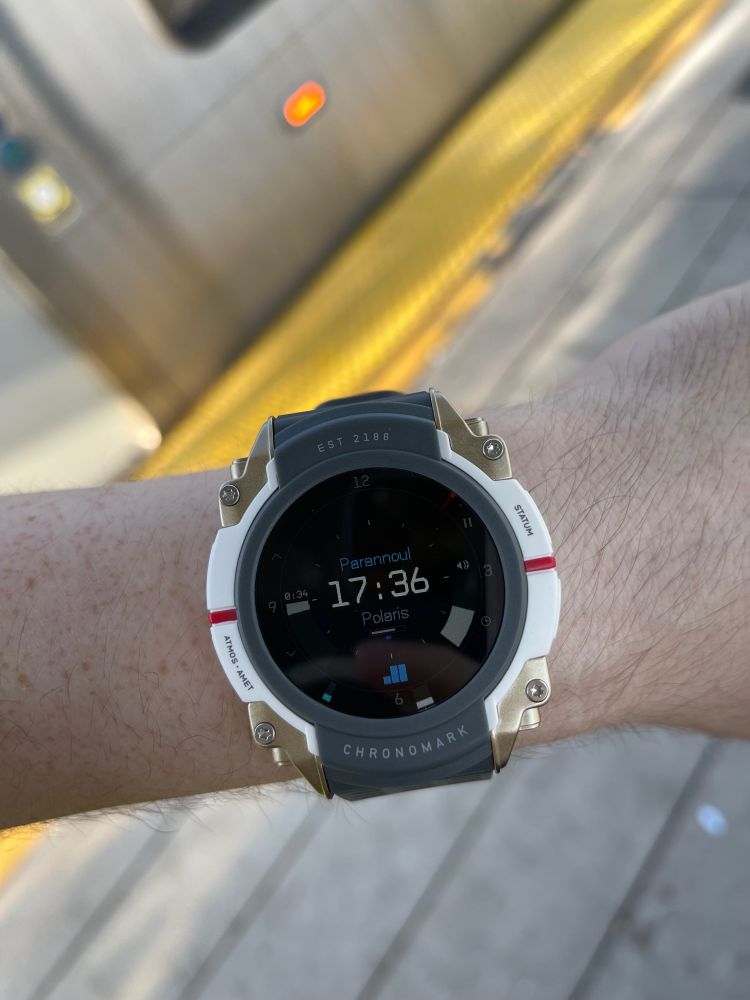 Starfield Chronomark watch showing “Polaris” by Parannoul playing