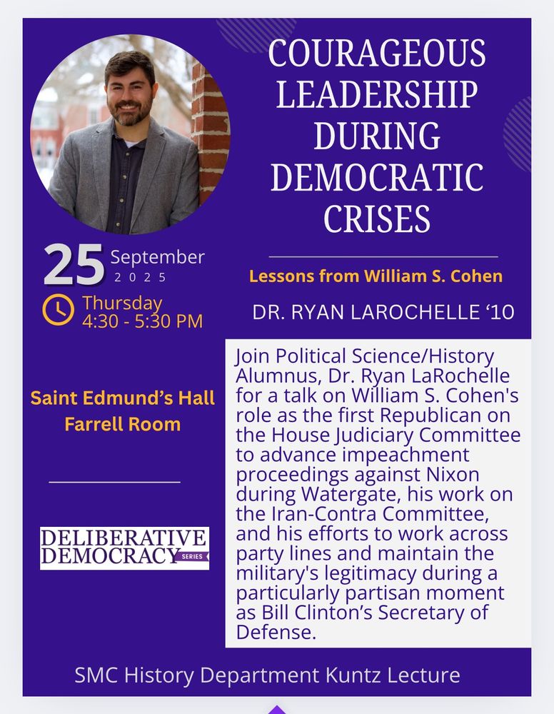 A flyer with the title “Courageous Leadership during democratic crises: lessons from William S Cohen.”