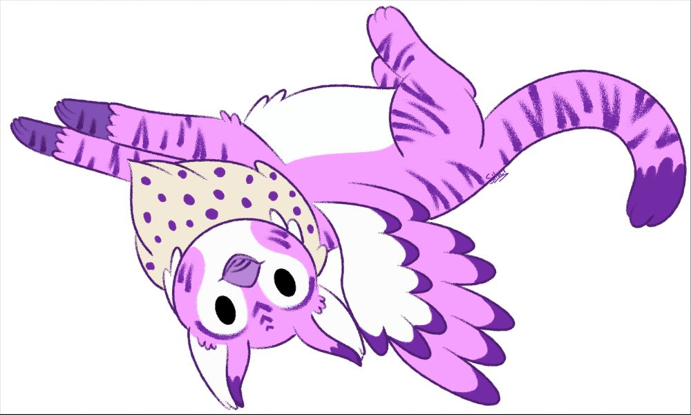 A drawing of a purple gryphon OC lying on the ground and looking up at the viewer.