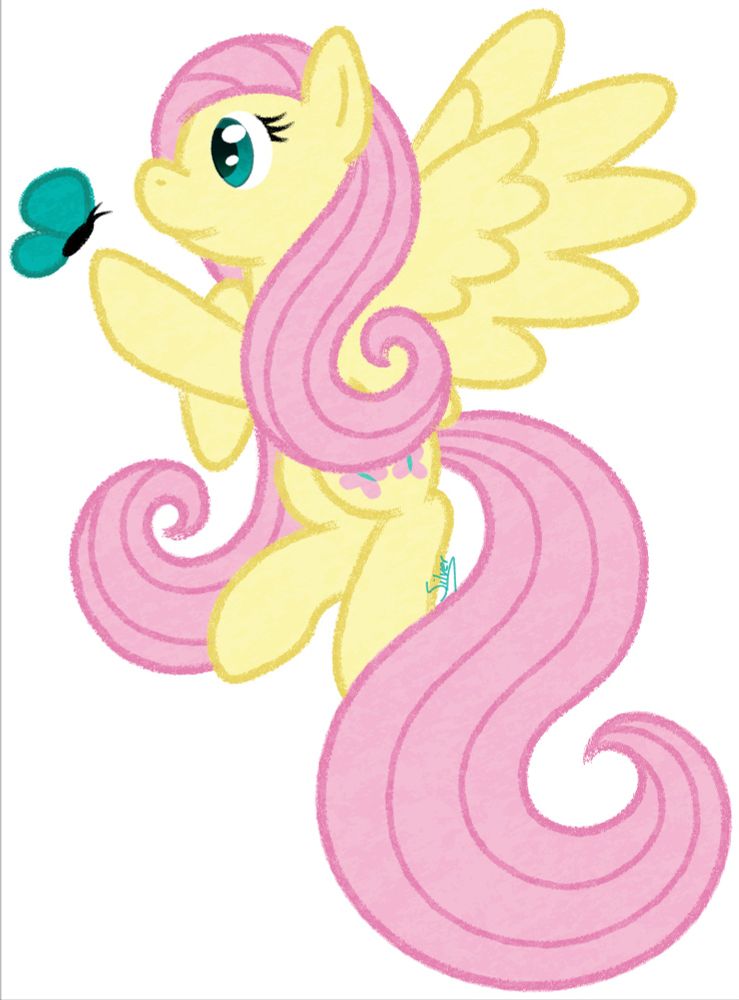 A drawing of Fluttershy from My Little Pony floating in the air and reaching out to a butterfly.