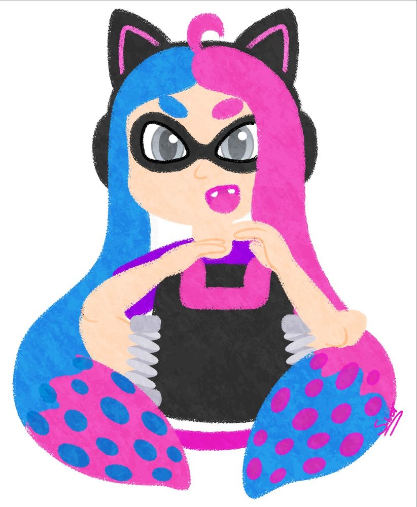 An Inkling with long hair sitting down and playing a Slosher like a drum.