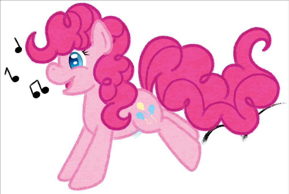 A drawing of Pinkie Pie from My Little Pony bouncing and singing.