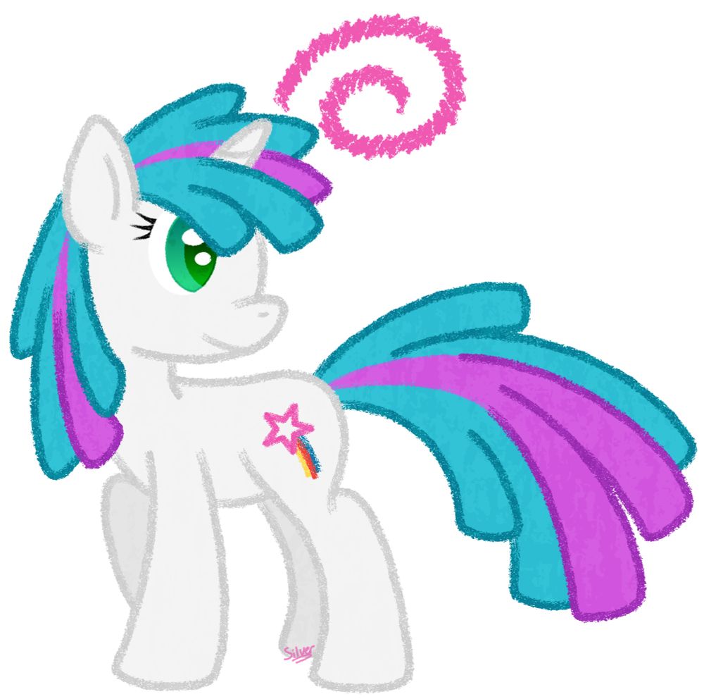 A vector drawing of a unicorn pony called Rainbow Wishes with a magic swirl coming out of her horn.