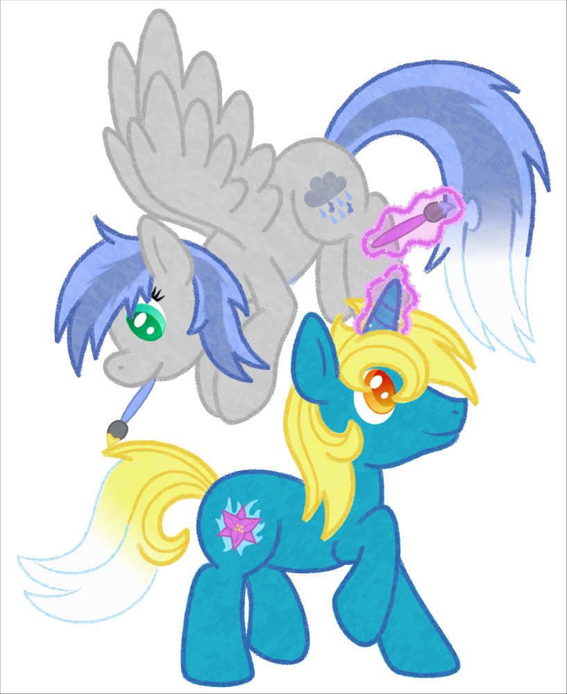 Silver Rains (pegasus) and Kindler (unicorn) painting the colour into each other's tails.