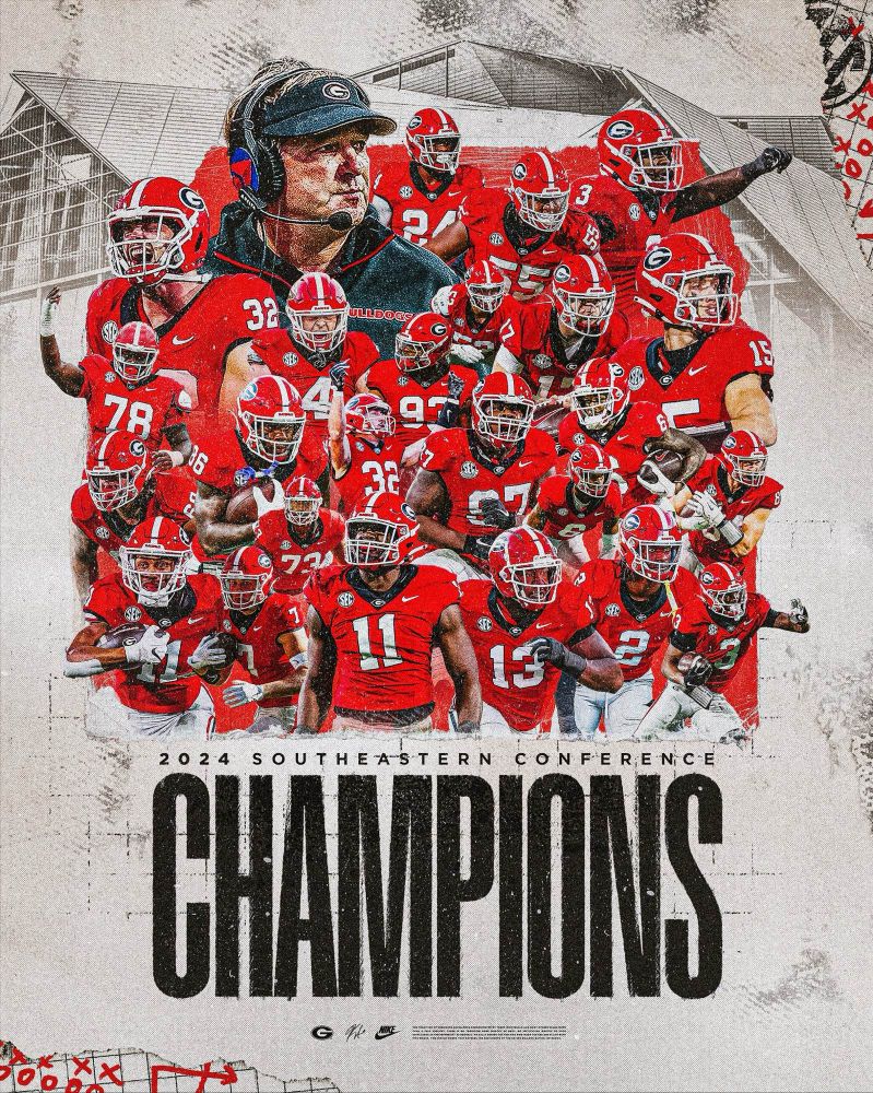Georgia SEC Champions: A striking collage of Georgia Bulldogs football players in red jerseys, with their coach in a headset at the center. The text “2024 Southeastern Conference Champions” stands out, framed by a stadium in the background.