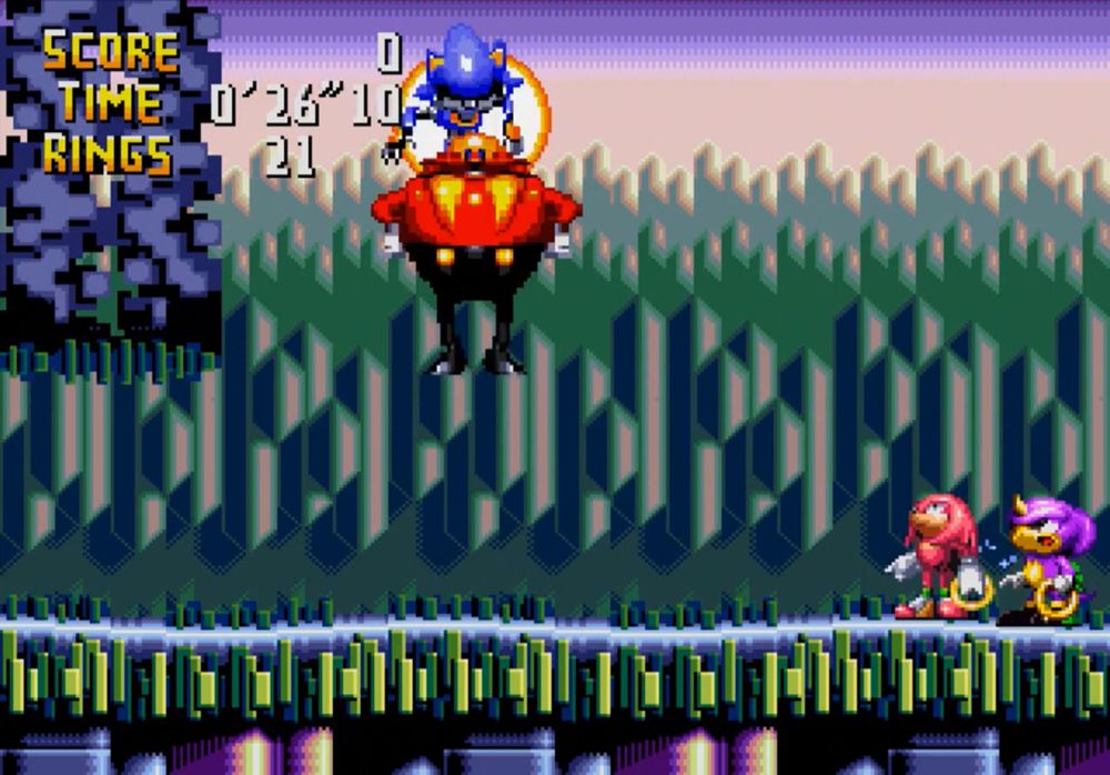 Knuckles rescues Espio from being captured by Dr. Robotnik and Metal Sonic.