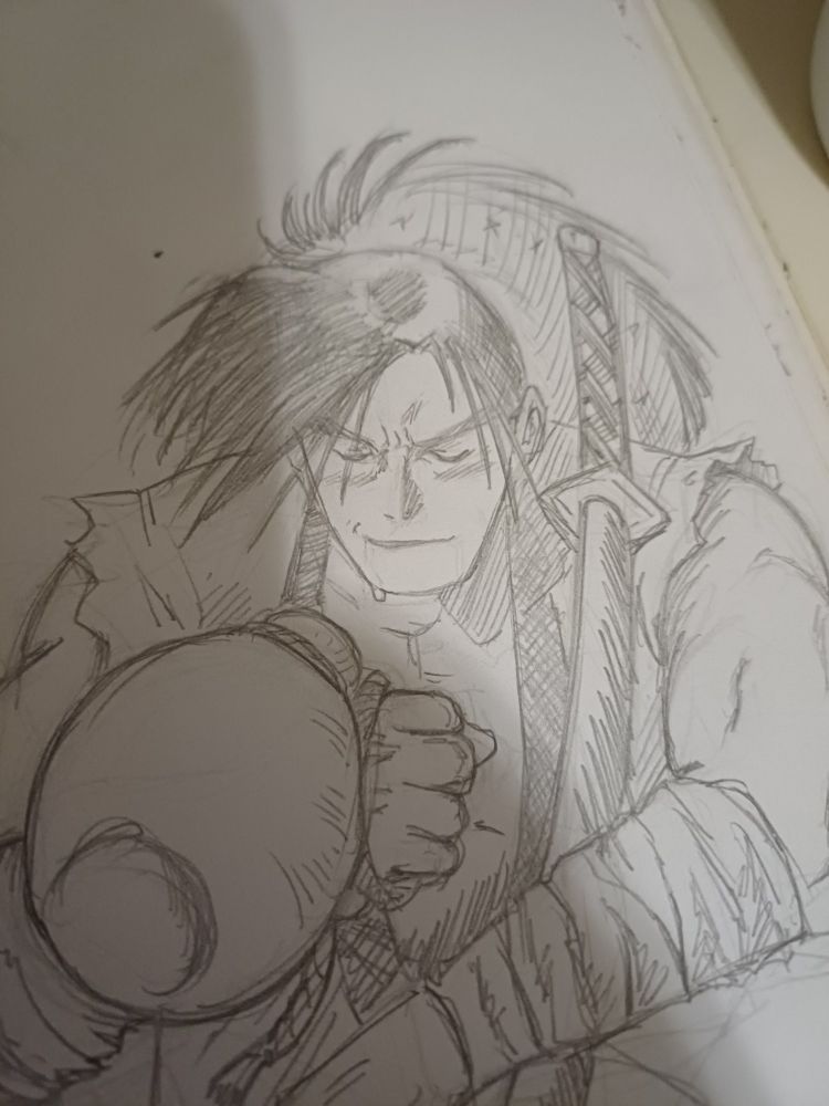 Haohmaru, samurai character from the series samurai showdown, resting with his sword and taking sips of sake from his jar
